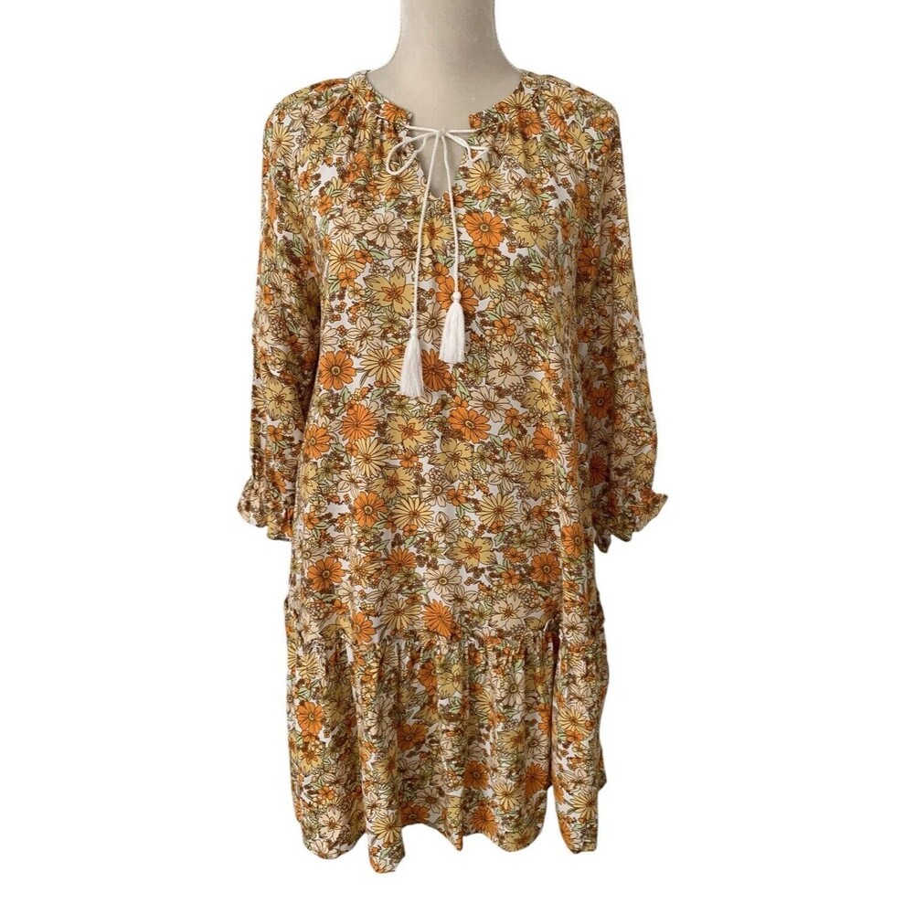 Robert Louis Floral Ruffle Hem Dress Women's Small Yellow Combo Whimsical Retro